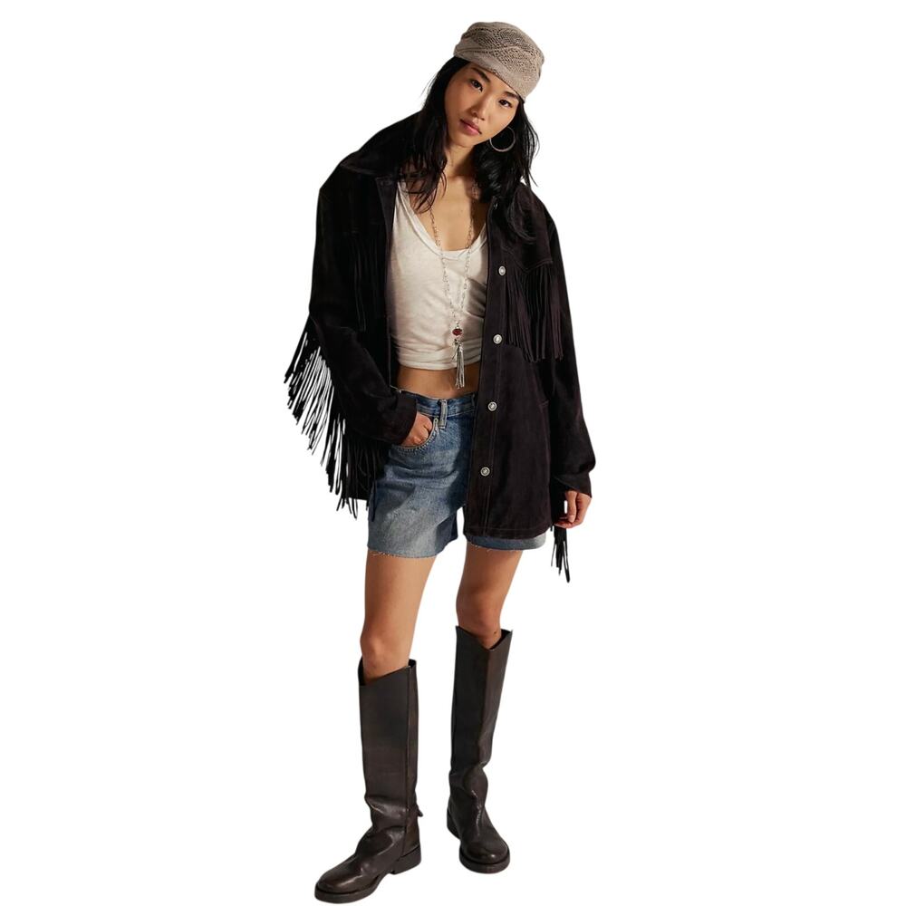 Free People Black Fringe Suede Jacket